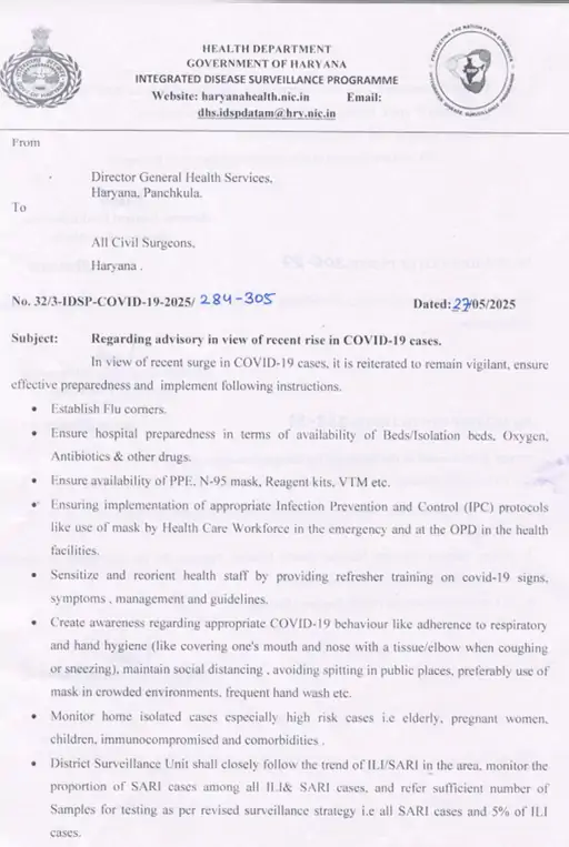 हरियाणा में कोरोना के केस फिर बढ़े: सरकार ने पहली बार एडवाइजरी जारी की, जानिए पूरी स्थिति 2 हरियाणा में कोरोना