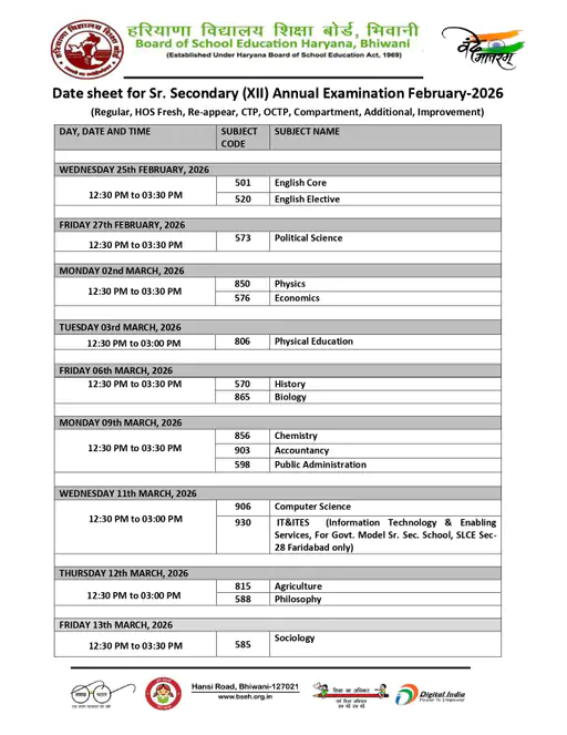 HBSE Board Exam 2026